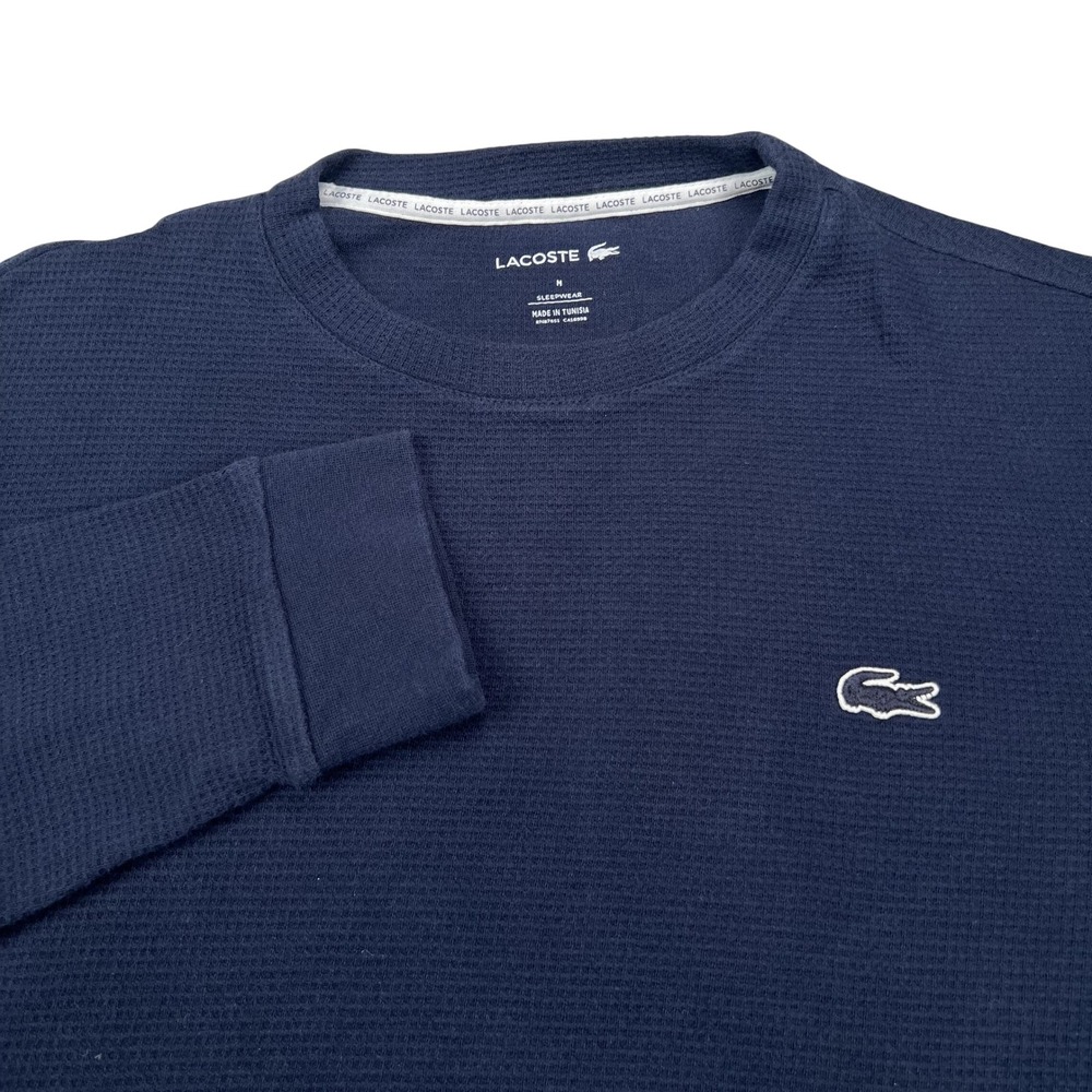 Lacoste Mens Sleepwear Waffle Knit Long Sleeve Shirt Navy Blue Logo M 585